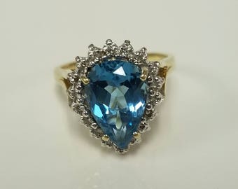 Size 7 Estate 10k Yellow Gold Natural 3ct Blue Topaz Aquamarine Zircon Pear Tear Drop Diamond Ring