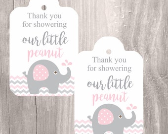 Printable Elephant Baby Shower Favor Tags, Pink and Grey, Elephant Baby Shower Thank You Tags, Instant Download, Printable Tags