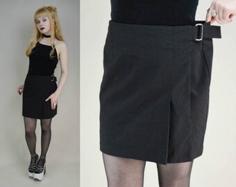 90s Black High Waist Wrap Mini Skirt M