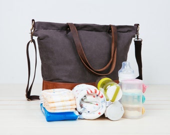 Father's Day Gift!!BIG SALE!!Waterproof Gray,Unisex Daddy waxed canvas Diaper Bag,6 pockets Nappy Bag,Canvas Leather Tote,leather diaper bag