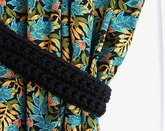 One Pair of Solid Black Curtain Tie Backs, Curtain Tiebacks, Wool Blend Basic Black Drapery Holders, Crochet Knit, Ready to Ship in 2 Days