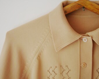 Vintage Cardigan/Soviet Era Cardigan/Beige Cardigan/Reglan Sleeve Cardigan/Collar Cardigan/Women's Cardigan/Size M/1970sStyle