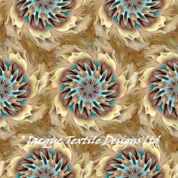 Kaleidoscope Handmade Tan Golden Turquoise Velvet Upholstery Fabric Fiber Art Modern Fabric