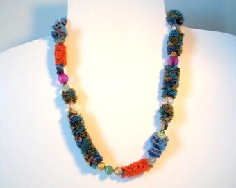 textile jewelry: turquoise and orange/piece of unique beads and textile necklace