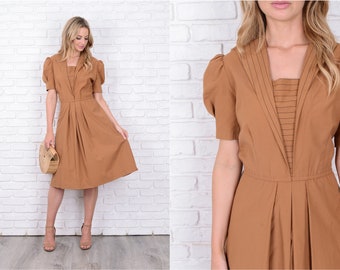 Vintage 80s Brown A Line Dress Pleated Midi Puff Sleeve Black Stripe Medium M 11539