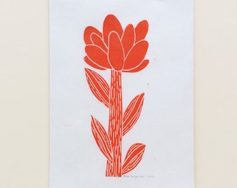 linocut - FLOWER // 5x7 art print // printmaking // block print // nature art // red orange // original // wildflower // 4x6 // miniature