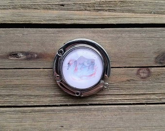 Silver Foldable Purse Hook - Pink Swan Print - Purse Hanger - Handbag Hook