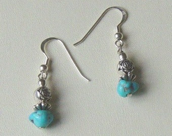 Turquoise Earrings, Turquoise Nugget earrings, Authentic Turquoise Nugget earrings, Sterling silver turquoise nugget earrings