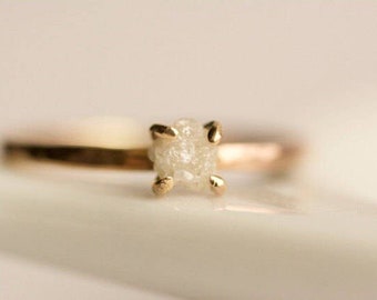 Rough Diamond Engagement Ring. Raw Diamond Ring. White Diamond Ring. Raw White Diamond Ring. Rose Gold Diamond Engagement Ring.