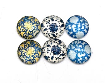 6 cabochons round glass with blue floral images 20mm s1 "7"