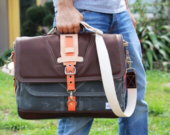 Waxed Canvas Messenger bag - briefcase - Military style + genuine leather accents - charcoal grey Orange - 010090