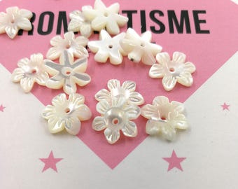 10pcs 10mm White Mother of Pearl Flower Beads White Shell Carved Flower Beads Cetre Drilled MOP Flowers 6-petal Flowers