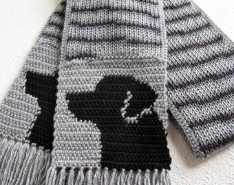 Black Labrador Scarf. Gray stripes, knit and crochet scarf with black Labs. Knitted Labrador Retriever dog. Labrador gift.