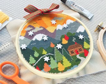 Woodland Cottage Cross Stitch Pattern PDF | Autumn Mountain Cross Stitch | Easy | Modern | Beginners Counted Cross Stitch Chart