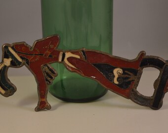 Vintage brass,metal enamel bottle opener,greek ,crete.lilly prince