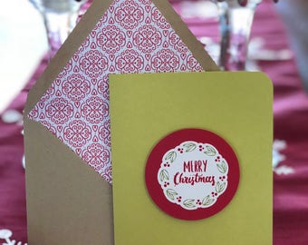 Merry Christmas Wreath Card with Lined Envelope
