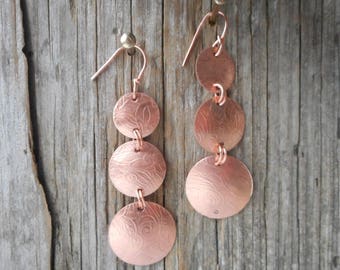 copper dangle earrings, handmadcopperjewelry, copper dangles, copper earrings, textured copper earrings,hypo-allergenicjewelry