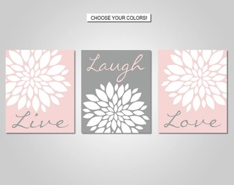 Dahlia Flower Burst Live Laugh Love Wall Art Decor - Blush Pink, Grey - Flower Wall Art - Prints - Canvas - Printable