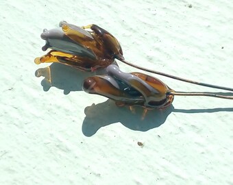 Duo of flowers metallic on copper stems, Lampwork Glass