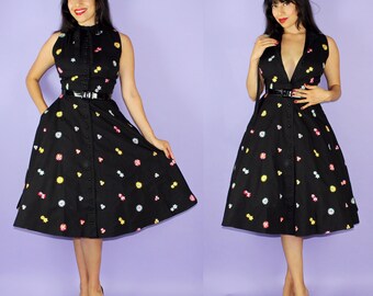 FLORAL... vintage 1950's L'Aiglon fashionable black cotton floral embroidered pinup dress