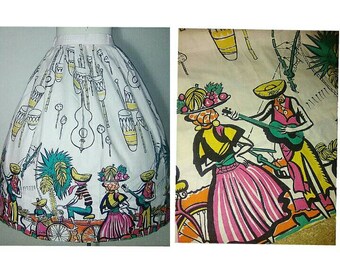 RARE Vintage 50's Saul Steinberg CALYPSO Novelty Print Skirt | 1950's Figural | Instruments | Fruits | Cotton Printed Bombshell Skirt