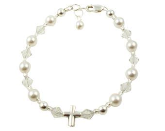 Silver Cross, pearl and crystal Christening Bracelet, Baptism First Communion Bracelet