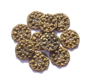 Lot of Vintage Round Brass Metal Ornate Buttons, 3/4 Inch Bronze Buttons, Craft Jewelry, Lot of 10 Buttons