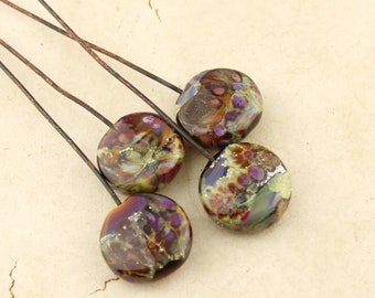 Lampwork Beads, Glass Head Pins 2 Pair Headpin on Antique Copper Wire Green Purple Gold