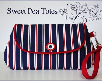Snap and Go Nautical inspired, Red, White and Blue Striped Wristlet / Vintage Button