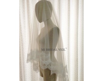 Chantilly Lace Veil, Cathedral Veil, Eyelash Lace Veil, Veil with Blusher, Drop Veil, Mi Bridal Veil