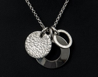 Silver Charm Necklace - Sterling Silver Charm Pendant Drop - Silver Domed Disc Charm - Silver Hammered Disc Charm - Silver Circle Ring Charm