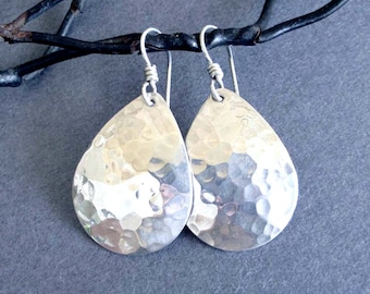 Sterling Silver Teardrop Earrings Hammered Silver Dangle Earrings Modern Metal Jewelry Silver Drop Earrings Simple Everyday Jewelry