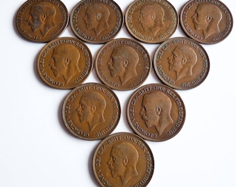 Vintage Penny Coins King George V - Lot of TEN British Coins Art Deco