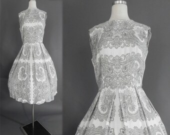 50s Cotton Dress , 1950s Black White Full Skirt Paisley , 60s L'Aiglon Dress , L
