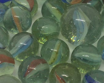 50 Vintage Glass Cat's Eye Marbles with one Shooter, Red, White, and Blue