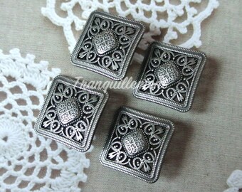 4 Large Retro Vintage Style Dark Silver Color Square Floral Flower Jacket Coat Sweater Metal Button 2.3 Cm / 0.9 Inches