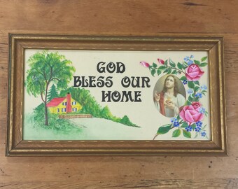 God Bless Our Home ~ Religious Motto ~ Vintage Framed Watercolor with Portrait of Jesus Christ
