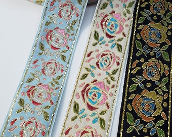 Metallic Roses Jacquard Fabric Trim 1 1/2 inch wide sold by the yard