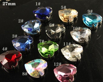 Heart Shape Sew On Stones 27mm 5pcs in silver color prong setting flatback