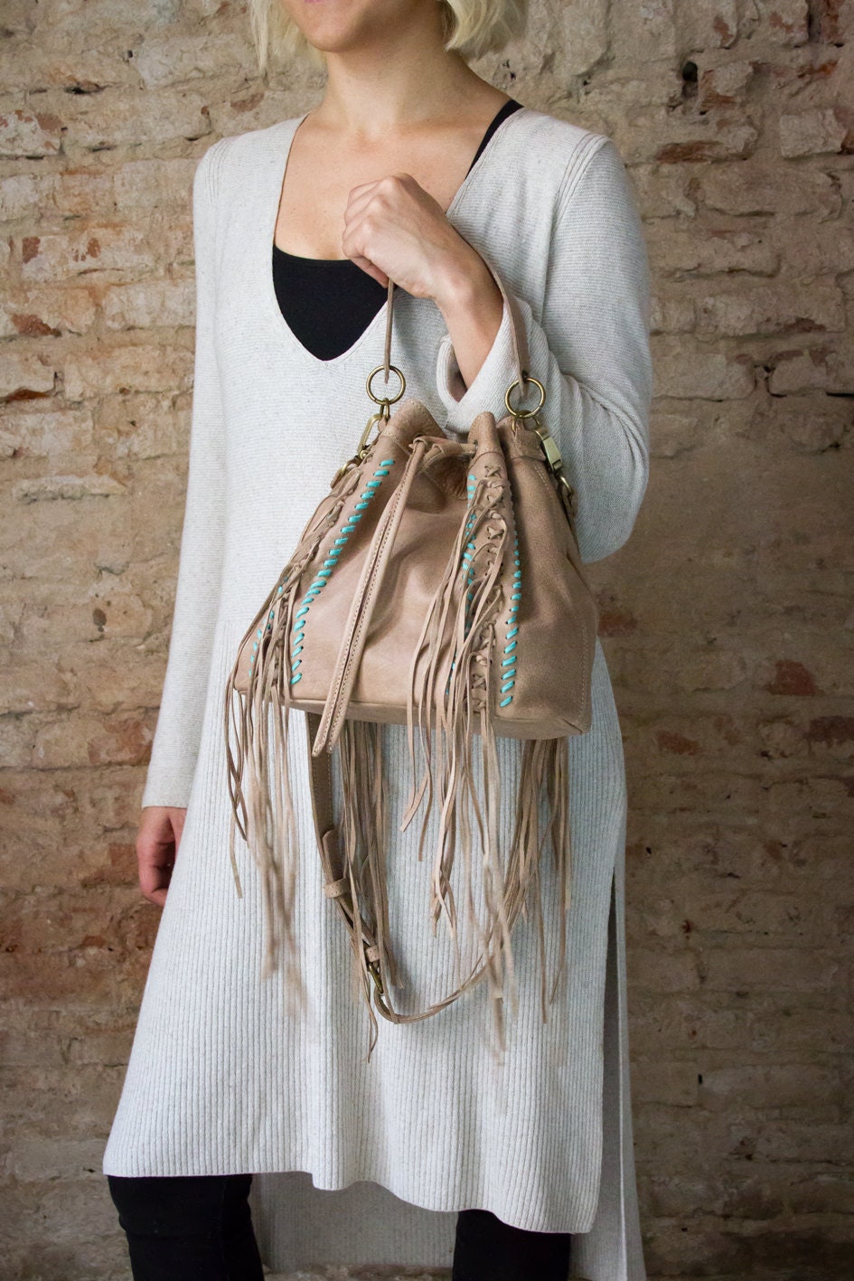 Leather bucket bag beige shoulder bag leather crossbody bag