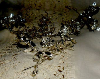 Tiara de aniversario de boda alemana ~ corona ~ plata corona de Mirto ~ juego socio broche ~ bodas de plata ~ corona de boda Vintage