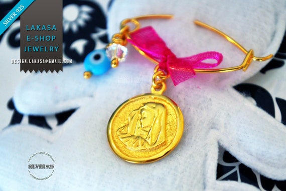 Madona Baby Brooch Sterling Silver Gold plated Swarovski Crystal & Blue Eye Best Gift Baptism Birthday Mother Newborn Girl Christening Ideas