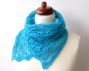 chunky lace scarf, handknit turquoise blue scarf