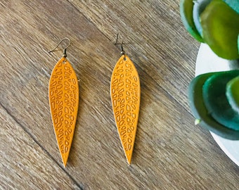 Mustard Yellow Long Leaf Leather Earrings