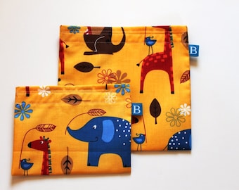 Reuseable Eco-Friendly Set of Snack and Sandwich Bags in Designer Jungle AnimalsFabric