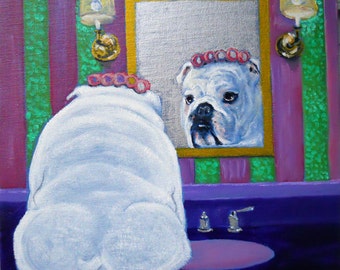 English Bulldog Art Print of an original oil painting/"Mirror, Mirror, OMG"/ 8 x 8 square / Dog art