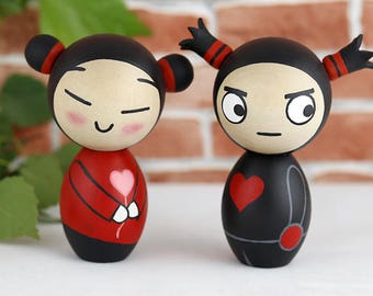 Pucca and Garu inspired kokeshi dolls (St. Valentine Day set)