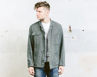 Denim Chore Coat . Mens Work Jacket Vintage Workwear Canvas 1980's Grey Outerwear Mechanic Coat Gift for Men . size Medium M