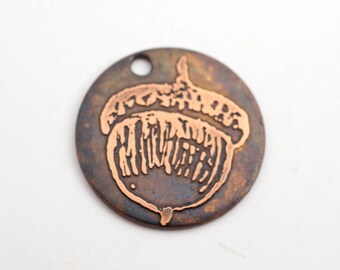 Copper acorn charm, small flat round handmade etched jewelry supply, 22mm