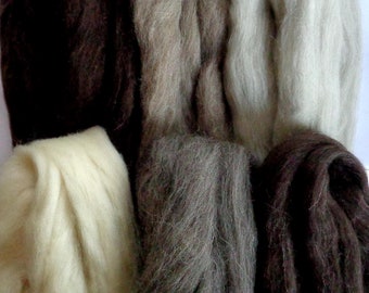 255g (62.55 Euro/kg), 9oz natural wool roving for felting, 6 shades per bag, spinning fiber,roving wool,wool tops white brown grey,100% wool
